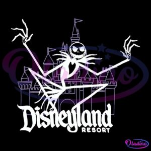 A graphic featuring an outline of Disneyland's Sleeping Beauty Castle in the background. In front of the castle, a skeletal figure poses with outstretched limbs. The text "Disneyland Resort" is prominently displayed at the bottom.