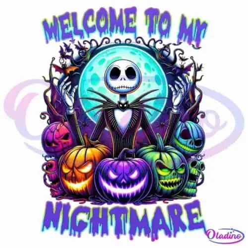 Illustration of a skeletal character with a stitched smile and hollow eyes standing against a glowing moon. Colorful, spooky jack-o'-lanterns surround the character. Text in the image reads 'Welcome to My Nightmare' in eerie, dripping letters.