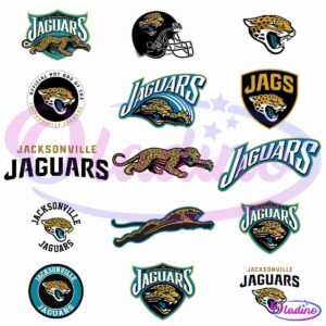 A collage of various Jacksonville Jaguars logos, including different styles of the jaguar head, full jaguar, “Jaguars” text, “Jacksonville Jaguars” text, and "Jags" shield designs. The logos are in a mix of black, teal, gold, and white color schemes.