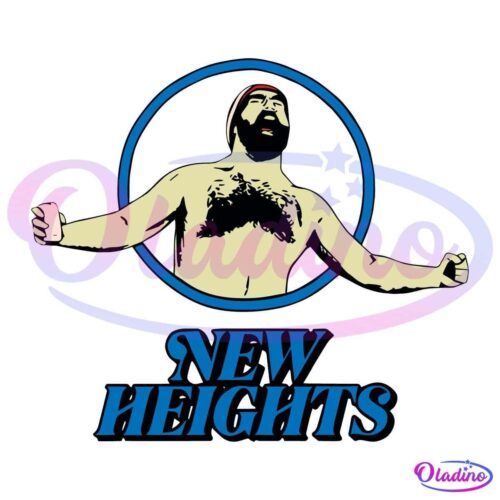 Illustration of a bearded man with outstretched arms, his head slightly tilted back, and a red and white headband. He is enclosed in a blue circle with the text "NEW HEIGHTS" below, all set against a black background.