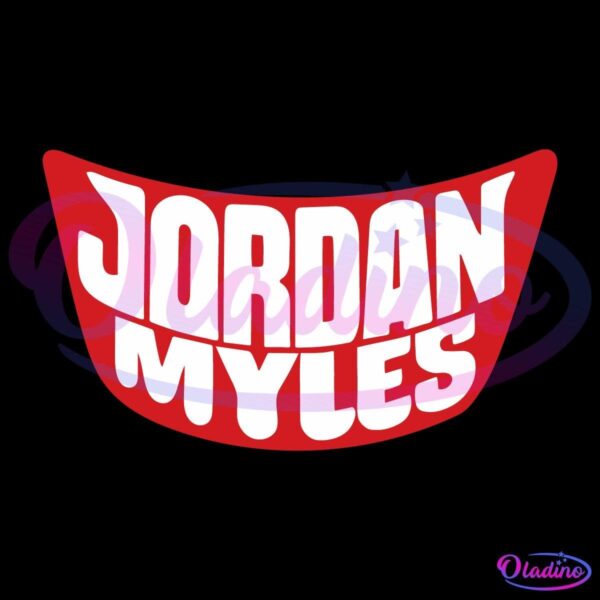 Red logo in the shape of a wide, smiling mouth with white uppercase text inside that reads "JORDAN MYLES." The letters are bold and curved to fit within the mouth shape.