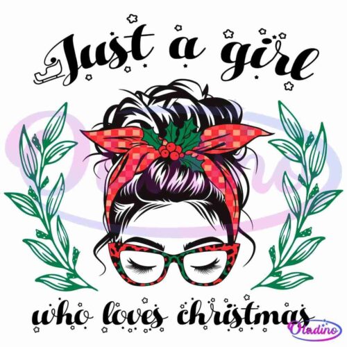 Illustration of a person's head with hair tied up in a bun adorned with a red plaid headband featuring holly leaves and berries. They wear festive red and green glasses, with green laurel branches framing the sides of the image.