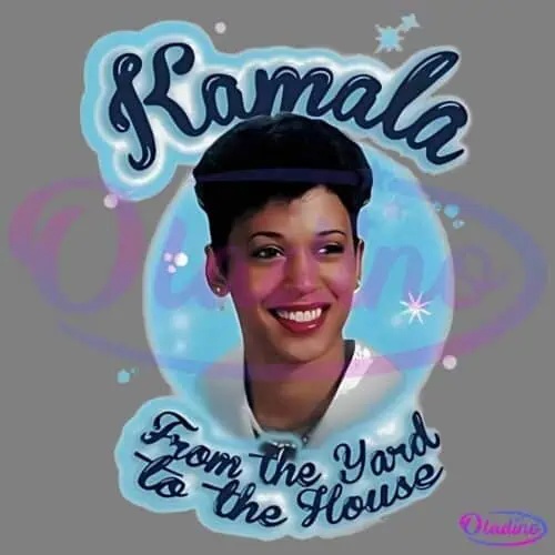 A stylized illustration of a smiling woman with short hair, set against a blue background with white sparkles. The text above reads "Kamala" and below reads "From the Yard to the House" in a cursive font.