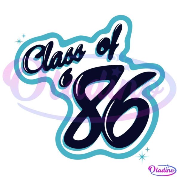 A stylized graphic with the text "Class of '86" in dark blue, surrounded by a light blue outline. The design features a retro look with small star-like sparkles at the corners for added decoration.