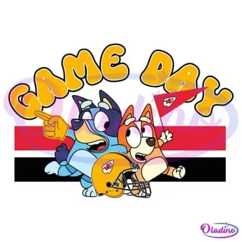 Animated characters are excitedly pointing and waving, with the text "Game Day" in bold yellow letters above. They are wearing shirts with the Kansas City Chiefs logo, alongside a Chiefs football helmet. A red and black background stripe adds contrast.