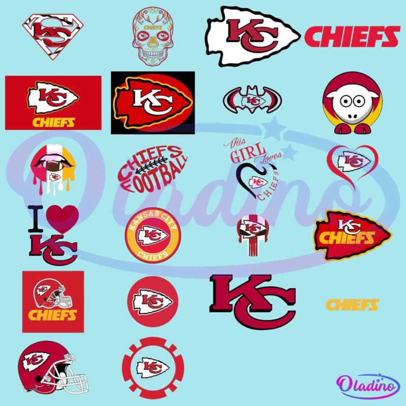 A collage of various Kansas City Chiefs themed logos and graphics on a black background. The designs include the Chiefs' arrowhead logo, text like "CHIEFS" and "Kansas City Chiefs," as well as creative variations, such as a sheep, Batman symbol, and other playful adaptations.