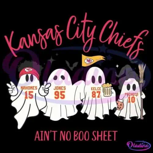 An illustration of four Halloween ghosts dressed in Kansas City Chiefs gear, each with the name and number of a player: "Mahomes 15," "Jones 95," "Kelce 87," and "Pacheco 10." The text above reads "Kansas City Chiefs," and below it says "Ain't no boo sheet.