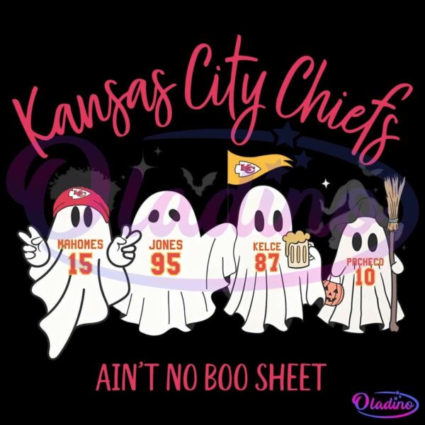 An illustration of four Halloween ghosts dressed in Kansas City Chiefs gear, each with the name and number of a player: "Mahomes 15," "Jones 95," "Kelce 87," and "Pacheco 10." The text above reads "Kansas City Chiefs," and below it says "Ain't no boo sheet.