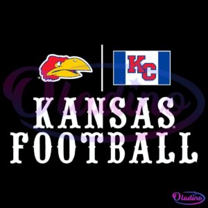 The image features the Kansas Jayhawks football logo on the left, a stylized yellow bird head, and a flag-like graphic with "KC" in red letters on the right. Centered below these graphics, the text reads "Kansas Football" in bold, white, capitalized letters.