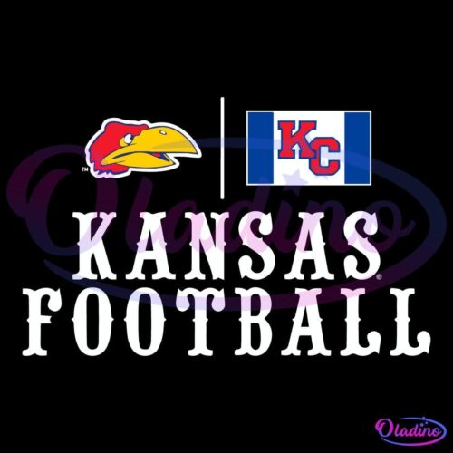 The image features the Kansas Jayhawks football logo on the left, a stylized yellow bird head, and a flag-like graphic with "KC" in red letters on the right. Centered below these graphics, the text reads "Kansas Football" in bold, white, capitalized letters.