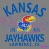 The image shows the Kansas Jayhawks logo featuring a red and yellow bird with blue feathers and a letter "KU" on its chest, standing above the text "Kansas 1865 Jayhawks Lawrence, KS" in blue letters.