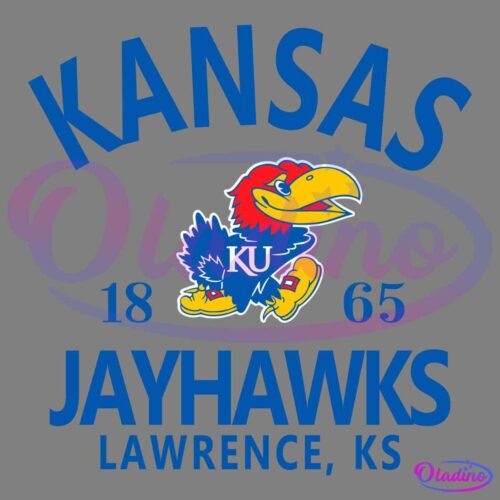 The image shows the Kansas Jayhawks logo featuring a red and yellow bird with blue feathers and a letter "KU" on its chest, standing above the text "Kansas 1865 Jayhawks Lawrence, KS" in blue letters.