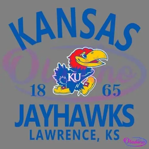 The image shows the Kansas Jayhawks logo featuring a red and yellow bird with blue feathers and a letter "KU" on its chest, standing above the text "Kansas 1865 Jayhawks Lawrence, KS" in blue letters.