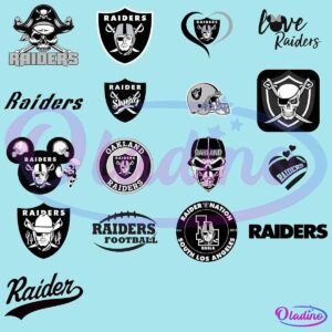 A collage of 16 different black and white logos featuring the word "Raiders" and various designs including a pirate, a sports helmet, a shield, a masked figure, and the phrase "Raider Nation.” Some images include additional text or symbols like hearts and wings.