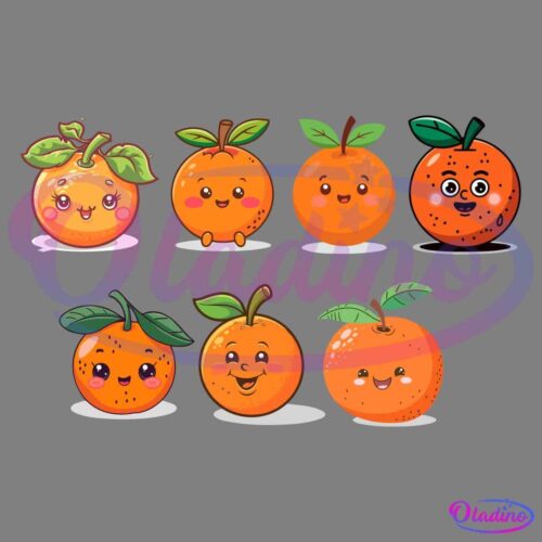 Illustration of seven cute oranges with various expressions and poses, each with anthropomorphic features like eyes, mouths, and blushing cheeks. Some have leaves on top, while others have different expressions such as smiling, winking, or looking surprised.