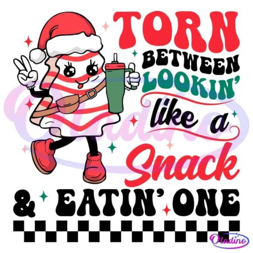 Image of a playful, anthropomorphic slice of cake wearing a Santa hat and sneakers, flashing a peace sign while holding a drink. The text around it reads "Torn Lookin' Snack" in festive red and green colors, surrounded by small stars.