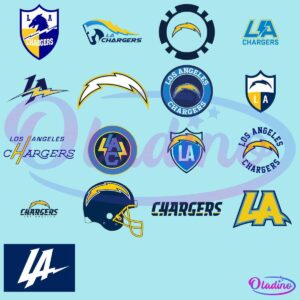 A collection of Los Angeles Chargers logos featuring various designs, including the team's name, lightning bolts, shields, helmets, and stylized initials in different color schemes of blue, yellow, and white.