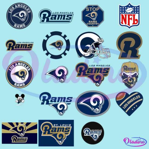 A collection of 20 logos and badges representing the Los Angeles Rams, featuring various designs with rams, the team's name, and NFL insignia. The logos incorporate blue, white, and gold color schemes and include both modern and vintage styles.