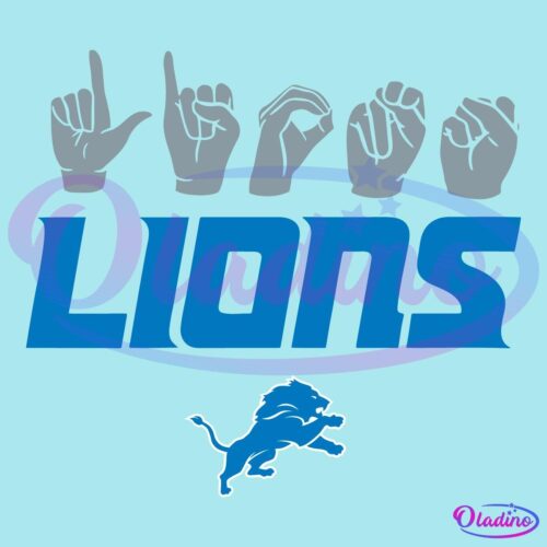 The image features the word "Lions" written in blue text beneath a sequence of hand signs spelling the same word in American Sign Language. Below the text is the logo of a leaping lion in blue and white.