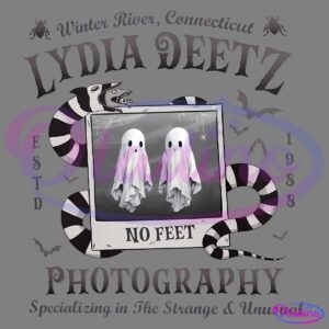 A graphic design featuring the text "Winter River, Connecticut, Lydia Deetz Photography, Specializing in the Strange & Unusual" in a decorative font, along with bats, spiders, and a snake. In the center is a polaroid of two figures dressed as sheet ghosts labeled "No Feet" with "Est. 1988".