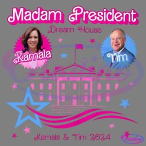 Illustration featuring a stylized White House with a pink color scheme, a flag on top, and decorative stars and stripes. At the top, it reads "Madam President Dream House." Images of a woman labeled "Kamala" and a man labeled "Tim" are in circular frames. Text at the bottom reads "Kamala & Tim 2024.