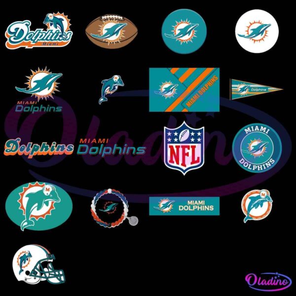 An assortment of various Miami Dolphins logos, including text and images of dolphins, footballs, a helmet, and the NFL logo. The design styles range from modern to retro, featuring different color schemes and backgrounds.