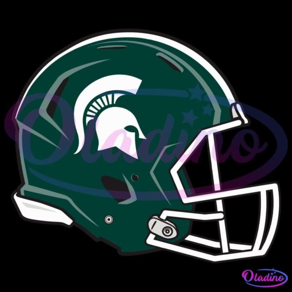 A dark green football helmet featuring a white Spartan helmet logo on the side. The helmet includes a white faceguard and detailing. The background is black.