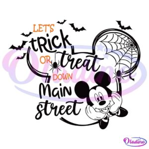 Text reading 'Let's Trick or Treat Down Main Street' is arranged with Halloween-themed decorations including bats, a spider web, and a character resembling a mouse holding balloons.