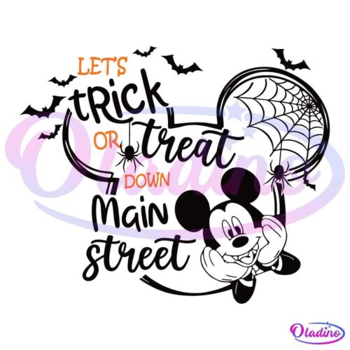 Text reading 'Let's Trick or Treat Down Main Street' is arranged with Halloween-themed decorations including bats, a spider web, and a character resembling a mouse holding balloons.