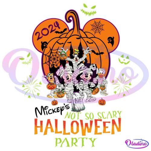 Illustrated poster for the "2024 Not So Scary Halloween Party" with Mickey Mouse, Minnie Mouse, and friends dressed as mummies holding Halloween treats. A large pumpkin with bats, spiders, and webs forms the background, surrounded by green fireworks, and glowing eyes.