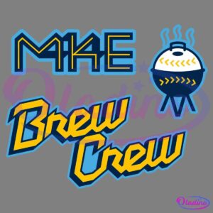 An illustration featuring the text "MKE" and "Brew Crew" in a stylized sporty font. Additionally, there is an image of a grill with steam rising from it, resembling a baseball. The color palette includes shades of blue and yellow.