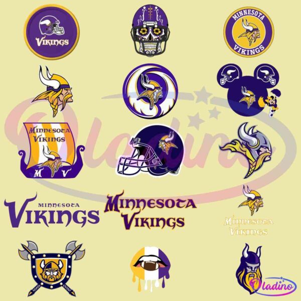 A collage of various Minnesota Vikings logos and graphics, including helmets, a Viking head, a Viking ship, text-based logos, a dripping football graphic, and other team-themed designs in purple, gold, white, and black.