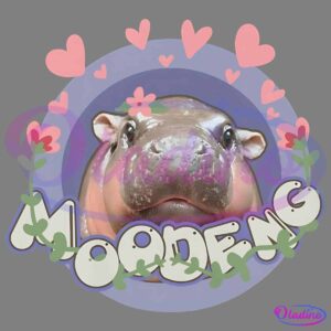 A cute, animated baby hippo surrounded by pink hearts and flowers inside a purple circular frame. The word "MOODENG" appears at the bottom in playful, stylized font with flower accents.