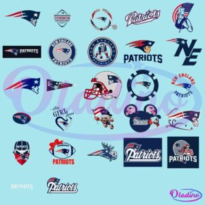 A collage of various designs and logos related to the New England Patriots, featuring different styles of team names, mascots, helmets, and symbols in the team colors of blue, red, and white.