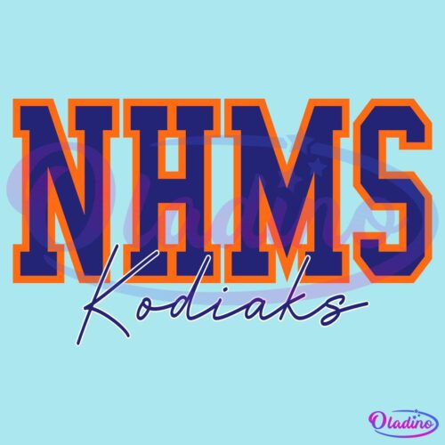 Bold letters "NHMS" are displayed in blue with an orange outline. Below, the word "Kodiaks" is written in a cursive blue font. The background is black.