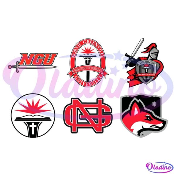 The image shows six different logos: a sword with "NGU," a red and white badge for North Greenville University, a crest with a sword and a banner reading "Christ Makes the Difference," a sunrise over a cross, an interlinked red and white NS monogram, and a fox head logo.