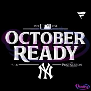 A graphic with bold white text reading "2024 October Ready" accompanied by the MLB and Fanatics logos. Additionally, it features the New York Yankees logo and "Postseason 2024" text, all set against a black background.