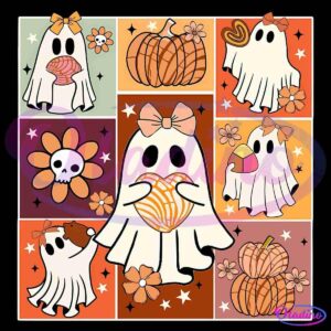 A Halloween-themed collage featuring cute ghosts wearing bows, holding candy corn, cupcakes, and pumpkins. The background has fall colors and various Halloween icons like pumpkins, skulls, and flowers, arranged in a grid.