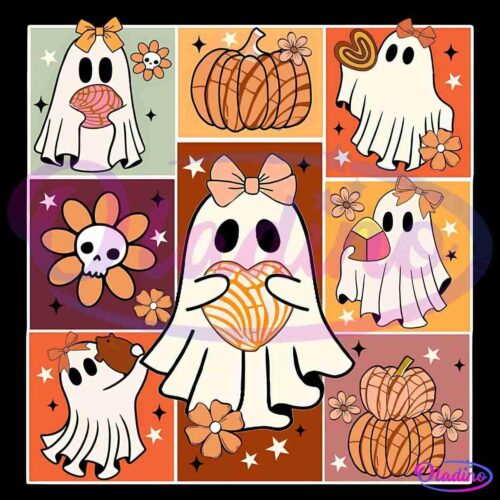 A Halloween-themed collage featuring cute ghosts wearing bows, holding candy corn, cupcakes, and pumpkins. The background has fall colors and various Halloween icons like pumpkins, skulls, and flowers, arranged in a grid.