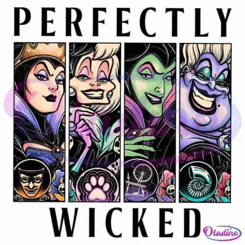 Illustration of four iconic Disney villains in a stylized, vibrant art style. From left to right: The Evil Queen, Cruella de Vil, Maleficent, and Ursula. Decorative elements include skulls, roses, a toxic apple, and a spinning wheel. Text below reads "PERFECTLY WICKED.