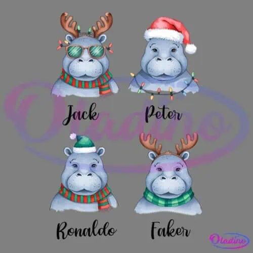 Four cute hippos dressed in festive winter accessories. Top left: hippo with antlers, sunglasses, and a red scarf. Top right: hippo with a Santa hat. Bottom left: hippo with a green Santa hat and a red scarf. Bottom right: hippo with antlers and a green scarf.