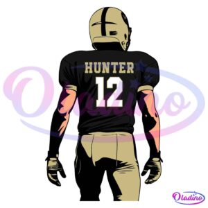 An illustration of an American football player in black and beige uniform with the name "Hunter" and the number "12" on the back, facing away. The player is wearing a helmet and gloves, and is holding a football. The background is black.