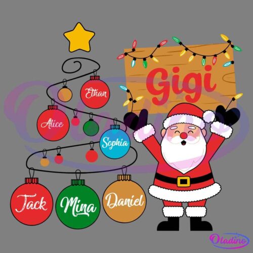 An illustration featuring Santa Claus holding a wooden sign that reads "Gigi" with colorful Christmas lights. Nearby, there is a Christmas tree decorated with ornaments bearing the names Alice, Ethan, Sophia, Jack, Mina, and Daniel. A yellow star tops the tree.