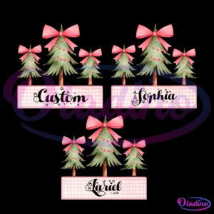 Illustration of six Christmas trees arranged in three pairs, each pair adorned with red bows and ornaments. Below each pair is a label with three different names: "Custom," "Sophia," and "Ariel," set against a pink checkered pattern background.