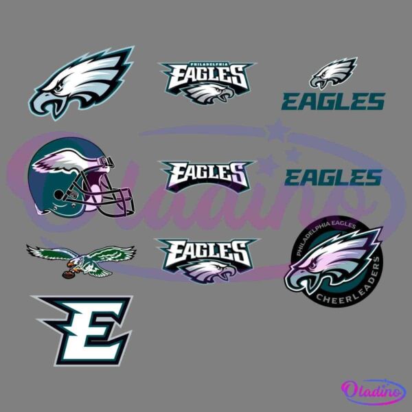 A collection of Philadelphia Eagles logos in different styles. There are various depictions of eagles, text-based logos with "EAGLES," and a Philadelphia Eagles cheerleader emblem. Also included is an eagle head on a football helmet and a stylized "E.