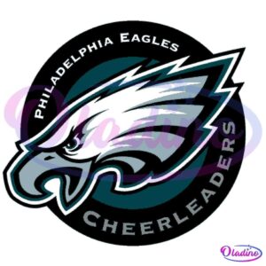 A collection of Philadelphia Eagles logos in different styles. There are various depictions of eagles, text-based logos with "EAGLES," and a Philadelphia Eagles cheerleader emblem. Also included is an eagle head on a football helmet and a stylized "E.