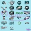 A collection of various Philadelphia Eagles logos and mascots, including different designs of the eagle, the team's name, and slogans like "Go Green" and "Fly Eagles Fly." The logos incorporate the team colors and iconic imagery associated with the Eagles football team.