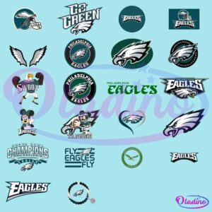 A collection of various Philadelphia Eagles logos and mascots, including different designs of the eagle, the team's name, and slogans like "Go Green" and "Fly Eagles Fly." The logos incorporate the team colors and iconic imagery associated with the Eagles football team.