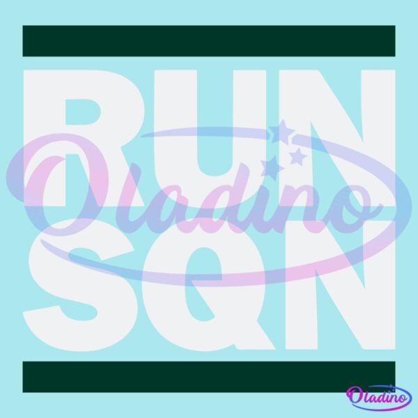 The image features bold white text "RUN SQN" centered within a black square background. The text is flanked by two narrow green horizontal lines at the top and bottom.