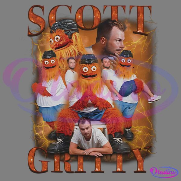 A creative montage features a man and multiple versions of a furry, orange mascot with googly eyes and a hockey helmet. The man and mascot are posed together in various stances. The names "Scott" and "Gritty" are prominently displayed in large, fiery letters.